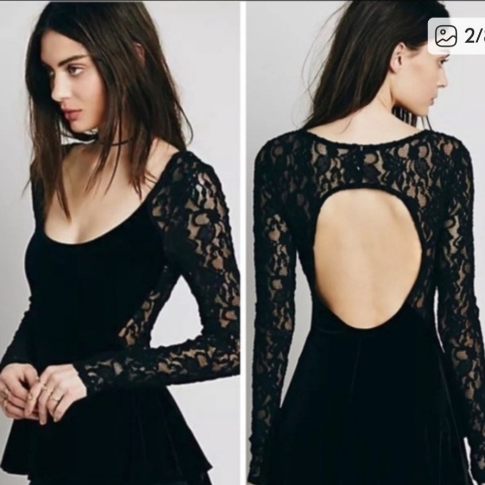 Free People Lolita Black Velvet Lace Peplum Top - Picture 2 of 4